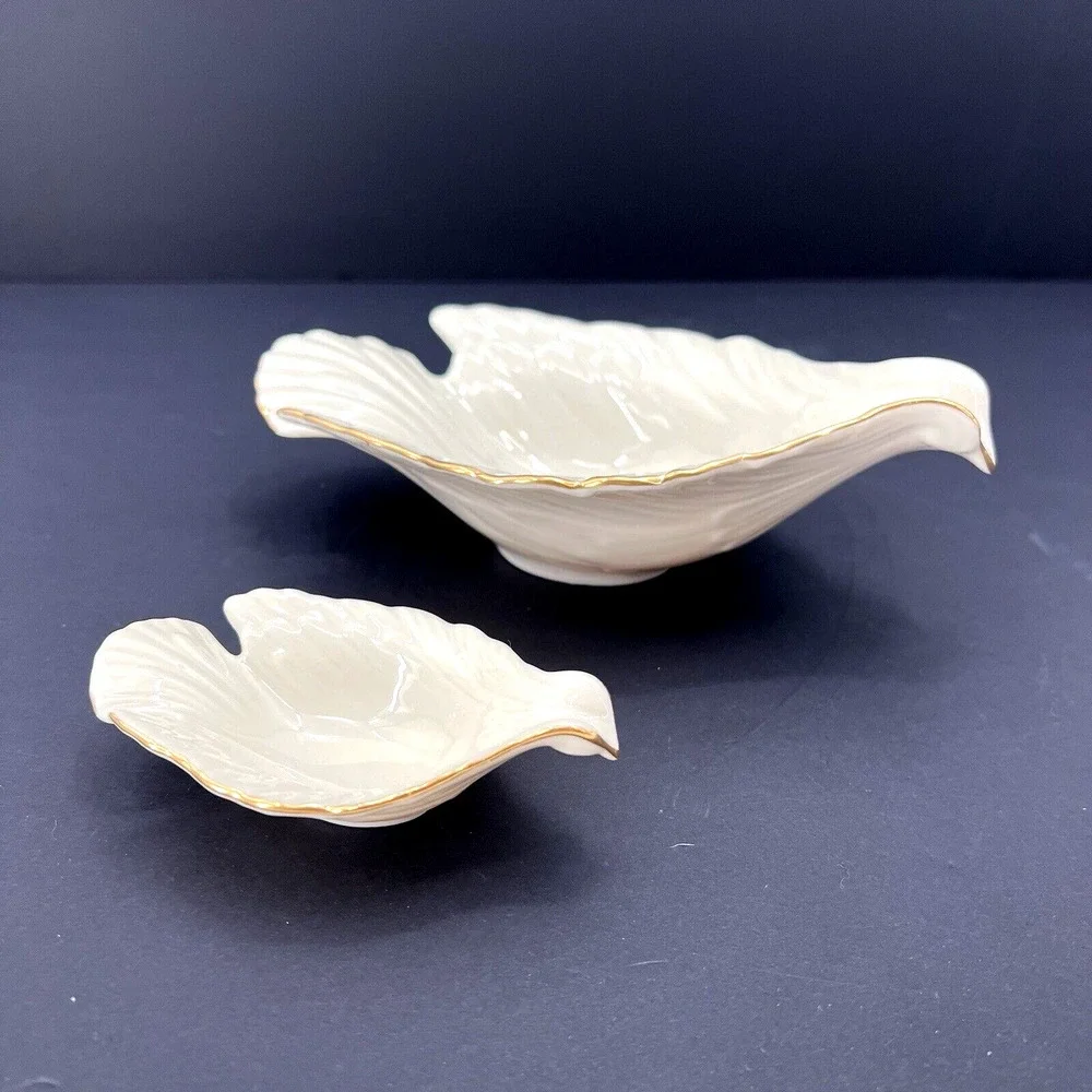 Set of 2 Lenox China Dove Bird Shaped Nut Bowls Candy Dish Ivory Cream Gold Trim - Picture 2 of 8